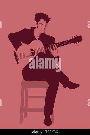 Spanish guitarist playing flamenco sitting on a chair Stock Vector