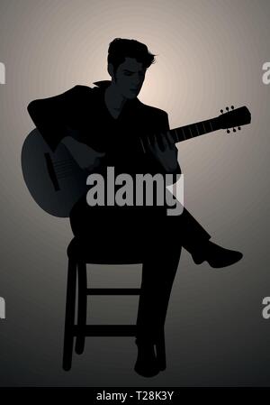 Silhouette of Spanish guitarist playing flamenco sitting on a chair Stock Vector