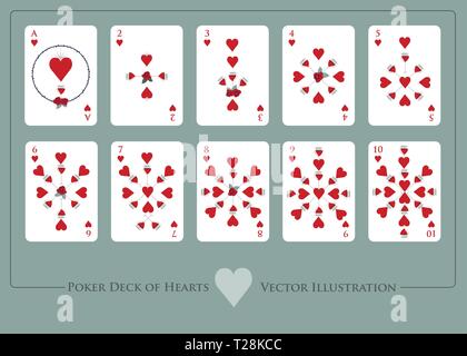 Deck of hearts. From Ace to ten of hearts. Deck of cups. Glasses of red wine and roses. Stock Vector