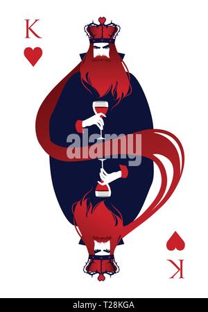 King of Hearts with crown, roses and thorns, holding a glass of red wine. Isolated on white background. Stock Vector