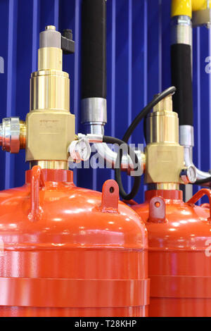 Automatic gas extinguishing installation. Modular gas fire extinguishing systems. Cylinders to extinguish the fire. Fire extinguisher. Stock Photo