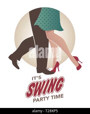 It's swing party time: Legs of man and woman wearing retro clothes and shoes dancing jazz, swing, rock or lindy-hop Stock Vector