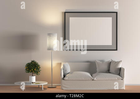 Large horizontal blank poster in interior of living room with white fabric sofa, floor lamp and lemon tree in vase on wooden coffee table. 3d illustra Stock Photo