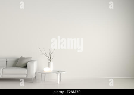 White interior of living room with leather sofa, night lamp and branches in vase on coffee table Stock Photo