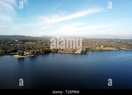 Panoramic view of Canberra (Australia) in daytime, featuring Lake Burley Griffin. Stock Photo