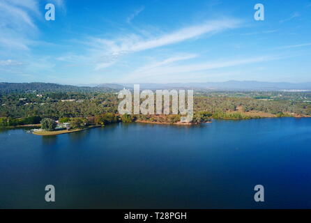 Panoramic view of Canberra (Australia) in daytime, featuring Lake Burley Griffin. Stock Photo