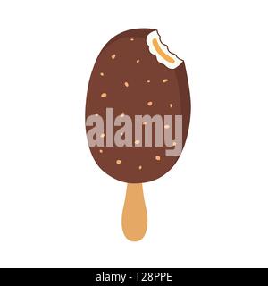 Chocolate ice cream popsicle on a stick bitten with filling Stock Vector