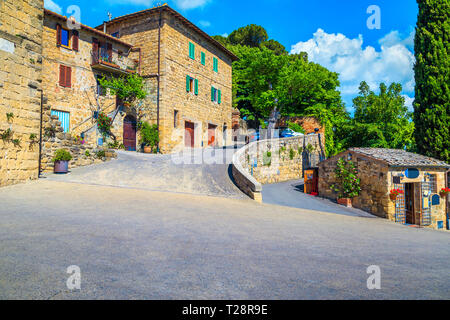 Summer vacation and travel destination, spectacular promenade with traditional old stone houses, Monticchiello, Tuscany, Italy, Europe Stock Photo