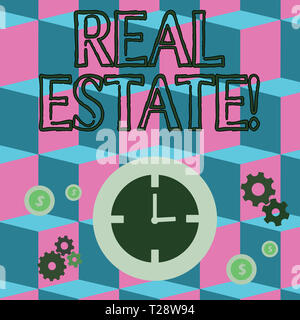 Writing note showing Real Estate. Business concept for owning property consisting of empty land or buildings Time Management Icons of Clock, Cog Wheel Stock Photo