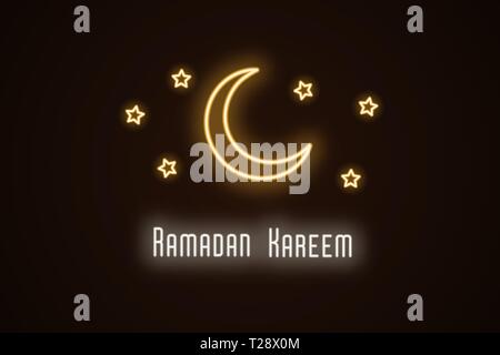 Neon illustration of Ramadan Kareem. Vector neon composition with glowing golden outlined crescent moon, stars and white holiday text. Holy Month for  Stock Vector