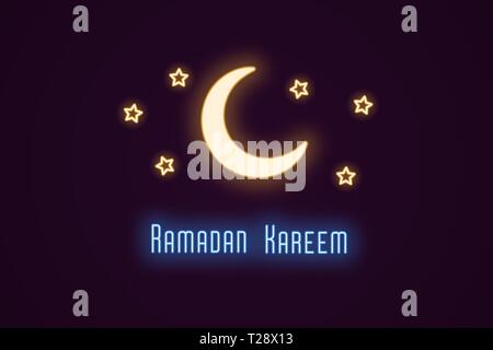 Neon illustration of Ramadan Kareem. Vector neon composition with glowing golden crescent moon, stars and blue holiday text. Holy Month for Muslims, f Stock Vector