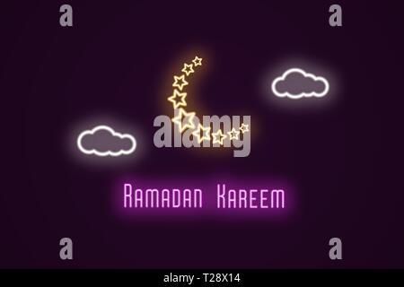 Neon illustration of Ramadan Kareem. Vector neon composition with glowing golden outlined starry crescent moon, white clouds and pink holiday text. Ho Stock Vector