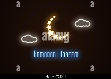 Neon illustration of Ramadan Kareem. Vector neon composition with glowing golden starry crescent moon, white clouds and blue holiday text. Holy Month  Stock Vector