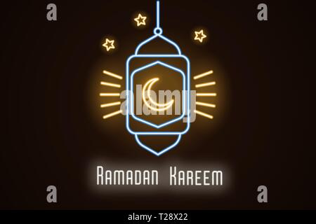 Neon illustration of Ramadan Kareem. Vector neon composition with glowing golden outlined crescent moon, blue lantern, rays of light, stars and white  Stock Vector