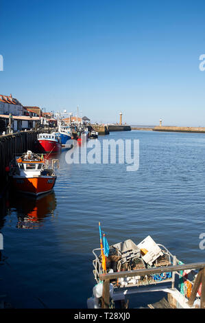 Beautiful spring day at the harbour in Whitby , North Yorkshire Coast, England, UK, GB. Stock Photo