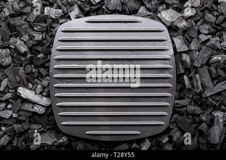 net grill pan stands on the coals. space for text Stock Photo