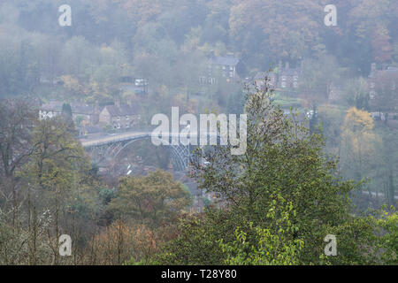 The Ironbridge viewed from Rotunda View on a misty day, Ironbridge, Shropshire, UK. Stock Photo