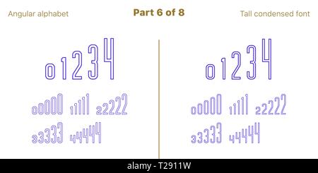 Condensed outlined sans serif font, Angular. Vector blue typefaces, Part 6 of 8. Set of tall uppercase alphabet with narrow letters, numbers and symbo Stock Vector