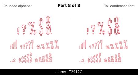 Condensed outlined sans serif font, Rounded. Vector red typefaces, Part 8 of 8. Set of tall uppercase alphabet with narrow letters, numbers and symbol Stock Vector