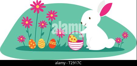 Easter bunny and Easter eggs on green grass. cartoon illustration of cute white rabbit preparing easter eggs. Row of Easter eggs in Fresh Green Grass Stock Vector