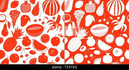 Scandinavian hand drawn fruit vector seamless pattern. Monochrome graphic. Fruits background. Linocut style illustrations. Healthy food. Stock Vector