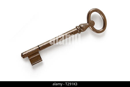 Old rusty door key isolated on white. With clipping path Stock Photo
