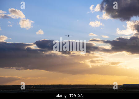 Passanger airplane is flying up in front of bright dusk Stock Photo