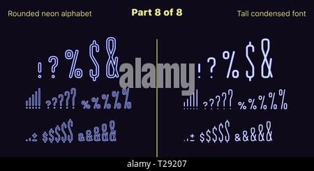 Condensed blue neon font, Rounded. Vector typefaces set in outlined and filled styles, Part 8 of 8. Neon uppercase alphabet with narrow letters, numbe Stock Vector