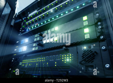 Panel modern servers in the data center. Supercomuter telecommunication technology. Server rack fuses Stock Photo