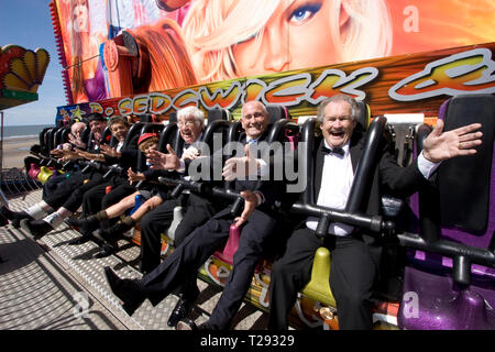 Cannon and Ball, The Krankies, Jimmy Cricket, Frank Carson and Paul Daniels pictured on a fairground ride on the Central Pier in Blackpool. The veteran comedians and entertainers were promoting their forthcoming show entitled the Best of British Variety Tour 2008, which runs at venues across England and Wales during August and September. Stock Photo