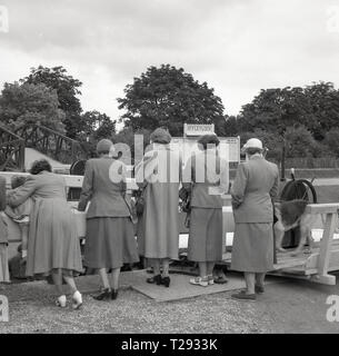 1950s, historical, a small group of mature ladies standing together by a wooden lock barrier at Iffley lock on the River Thames in Oxford, England UK. Originally built in 1631 and rebuilt in 1927 the loc's operation is via hydraulics. Stock Photo