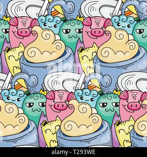 Doodle hand-drawn cartoon with smiles and taste, coffee shop theme seamless pattern. Kawaii detailed, with lots of objects vector background Stock Vector
