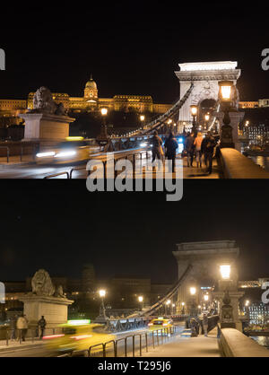 Budapest, Hungary. 30th Mar, 2019. Combo photo taken on March 30, 2019 shows the Chain Bridge and the Buda Castle before (top) and after lights are dimmed in downtown Budapest, Hungary. 'Earth Hour' is a global initiative first launched by World Wildlife Fund (WWF) in 2007 and soon became a popular movement worldwide. Credit: Attila Volgyi/Xinhua/Alamy Live News Stock Photo