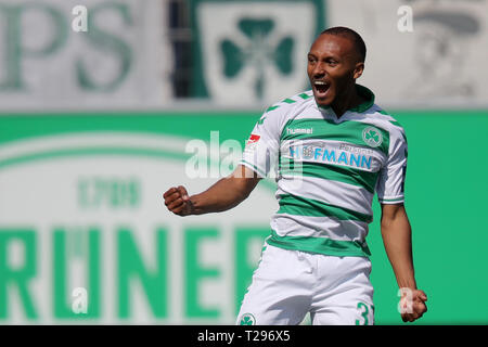 Furth, Germany. 31st Mar, 2019. Soccer: 2nd Bundesliga, SpVgg Greuther Fürth - Arminia Bielefeld, 27th matchday, at the Sportpark Ronhof Thomas Sommer. The Fürther Julian Green cheers about his goal to 1-0. Photo: Daniel Karmann/dpa - IMPORTANT NOTE: In accordance with the requirements of the DFL Deutsche Fußball Liga or the DFB Deutscher Fußball-Bund, it is prohibited to use or have used photographs taken in the stadium and/or the match in the form of sequence images and/or video-like photo sequences. Credit: dpa picture alliance/Alamy Live News