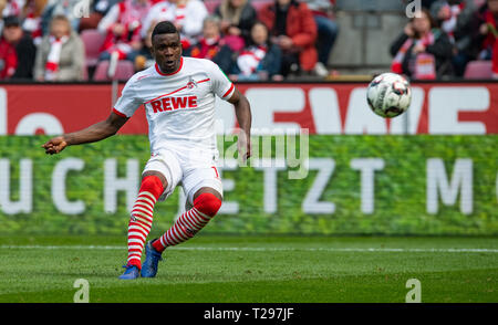 Cologne, Germany. 31st Mar, 2019.  Soccer: 2nd Bundesliga, 1st FC Cologne - Holstein Kiel, 27th matchday in the Rhein-Energie-Stadion. Cologne's Jhon Cordoba scored the goal to 3-0. Photo: Guido Kirchner/dpa - IMPORTANT NOTE: In accordance with the requirements of the DFL Deutsche Fußball Liga or the DFB Deutscher Fußball-Bund, it is prohibited to use or have used photographs taken in the stadium and/or the match in the form of sequence images and/or video-like photo sequences. Credit: dpa picture alliance/Alamy Live News Stock Photo
