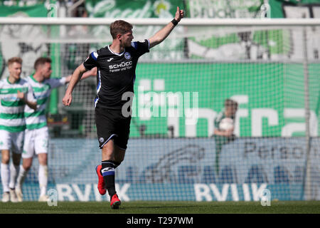 Furth, Germany. 31st Mar, 2019. Soccer: 2nd Bundesliga, SpVgg Greuther Fürth - Arminia Bielefeld, 27th matchday, at the Sportpark Ronhof Thomas Sommer. Fabian Klos from Bielefeld cheers on his goal to 2:1. Photo: Daniel Karmann/dpa - IMPORTANT NOTE: In accordance with the requirements of the DFL Deutsche Fußball Liga or the DFB Deutscher Fußball-Bund, it is prohibited to use or have used photographs taken in the stadium and/or the match in the form of sequence images and/or video-like photo sequences. Credit: dpa picture alliance/Alamy Live News Credit: dpa picture alliance/Alamy Live News
