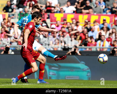 Rome, Italy. 31st Mar, 2019. 31st March 2019, Rome, Italy; Serie A Football, Roma versus Napoli; Arkadiusz Milik of Napoli shoots and scores in the 2nd minute for 1-0 Credit: Action Plus Sports Images/Alamy Live News Stock Photo