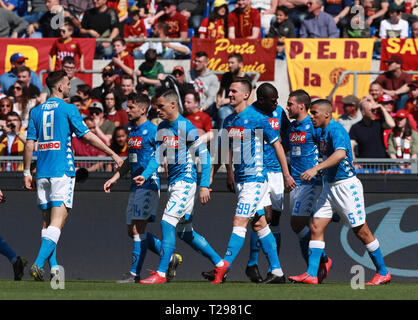 Rome, Italy. 31st Mar, 2019. 31st March 2019, Rome, Italy; Serie A Football, Roma versus Napoli; Arkadiusz Milik of Napoli celebrates as he scores in the 2nd minute for 1-0 Credit: Action Plus Sports Images/Alamy Live News Stock Photo