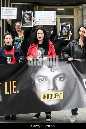 Cologne, Germany. 31st Mar, 2019.  Fans protest with posters and signs against the broadcast of the documentary 'Leaving Neverland' about pop star Michael Jackson on April 6th on ProSieben. Photo: Henning Kaiser/dpa Credit: dpa picture alliance/Alamy Live News Stock Photo