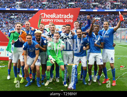 London UK. 31st Mar 2019. Checkatrade Trophy Final Portsmouth versus Sunderland Checkatrade Trophy winners Portsmouth with Brett Pitman Craig MacGillivray Lee Brown Jamal Lowe Anton Walkes Ben Close R...