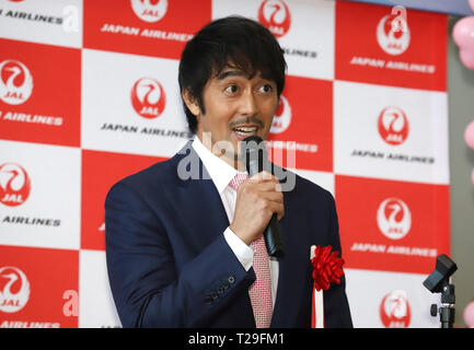 Narita, Japan. 31st Mar, 2019. Japanese actor Hiroshi Abe delivers a speech for Japan Airlines' (JAL) Narita -Seattle route launch at the Narita International Airport in Narita, suburban Tokyo on Sunday, March 31, 2019. JAL also will open the new lounge for the first class customers in Narita airport. Credit: Yoshio Tsunoda/AFLO/Alamy Live News Stock Photo