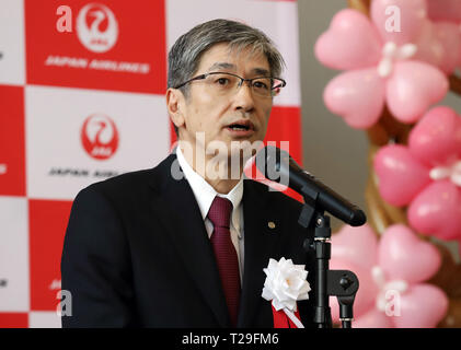 Narita, Japan. 31st Mar, 2019. Japan Airlines (JAL) president Yuji Akasaka delivers a speech for JAL's Narita -Seattle route launch at the Narita International Airport in Narita, suburban Tokyo on Sunday, March 31, 2019. JAL also will open the new lounge for the first class customers in Narita airport. Credit: Yoshio Tsunoda/AFLO/Alamy Live News Stock Photo