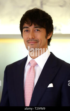 Narita, Japan. 31st Mar, 2019. Japanese actor Hiroshi Abe attends a preview of Japan Airlines' (JAL) new lounge for the first class customers at the Narita International Airport in Narita, suburban Tokyo on Sunday, March 31, 2019. JAL also opened the Narita-Seattle route on March 31. Credit: Yoshio Tsunoda/AFLO/Alamy Live News Stock Photo