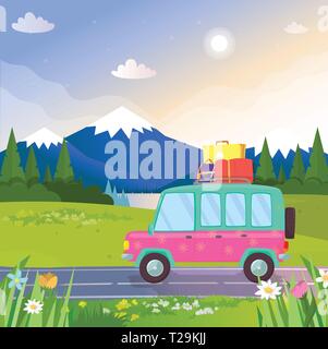 Funny Colorful Car with Trunk and Luggage on Roof Going by Road at Beautiful Nature Background with Mountains Landscape, Lake and Pine Trees. Travelin Stock Vector