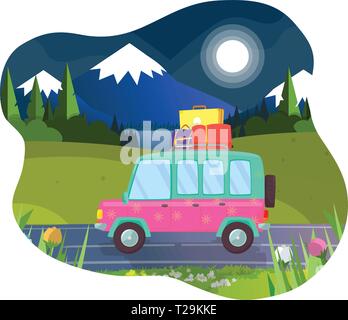 Car With Luggage on Roof Ready for Summer Vacation and Camping. Hatchback Driving along Mountains Landscape at Night Time. Moon Shining. Friends or Fa Stock Vector