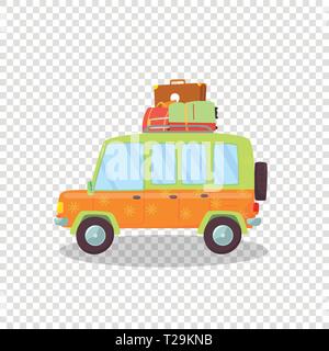 Colored Modern Car with Luggage on Roof Isolated on Transparent Background. Side View of Comfortable Hatchback Automobile for Family Traveling. Trip.  Stock Vector
