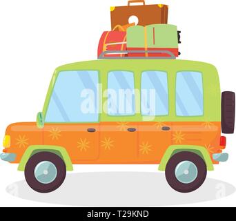 Orange, Green Colored Modern Car with Suitcases on Roof Isolated on White Background. Side View of Comfortable Coupe Automobile for Family Traveling.  Stock Vector