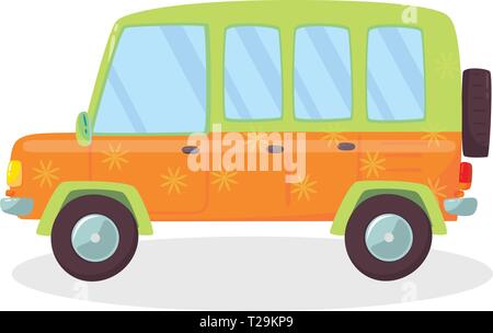 Orange, Green Colored Modern Car with Flowers Pattern and Stepney Isolated on White Background. Side View of Hatchback Automobile for Family Traveling Stock Vector