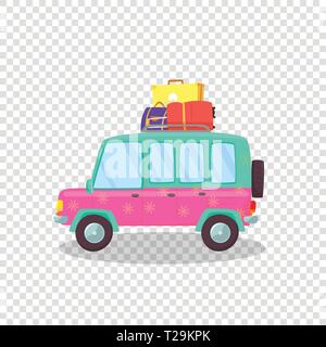 Pink, Green Modern Car with Spacious Trunk and Luggage on Roof Isolated on Transparent Background. Side View of Hatchback Auto for Family Traveling. C Stock Vector