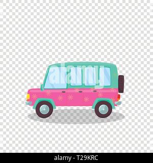 Pink, Green Colorful Modern Car with Cute Flowers Print Isolated on Transparent Background. Side View of Comfortable Hatchback Automobile for Travelin Stock Vector
